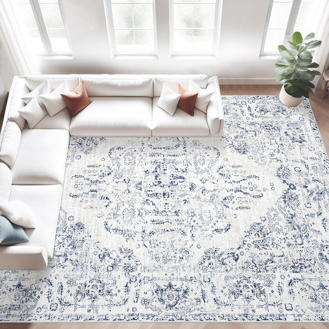 8x10 Area Rugs for Living Room: Washable Rug Vintage Large Rugs Soft Non Slip Low Pile Rug Floral Distressed Floor Carpet for Bedroom Kitchen Nursery Dining Room Home Office (Blue, 8'x10')