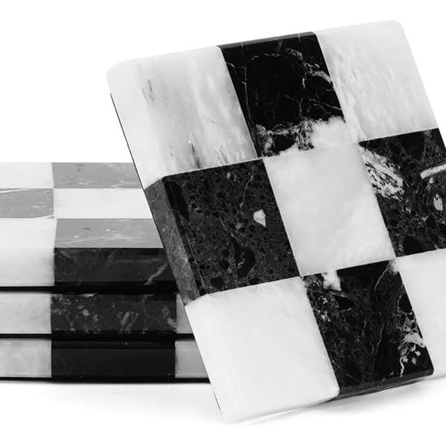 EarthenTones Marble Coasters Set of 4, Zebra Black & White Handmade 4 inch Square Checkered Stone Coaster, Drink Coasters for Living Room, Trendy Office Desk Accessories & Home Décor