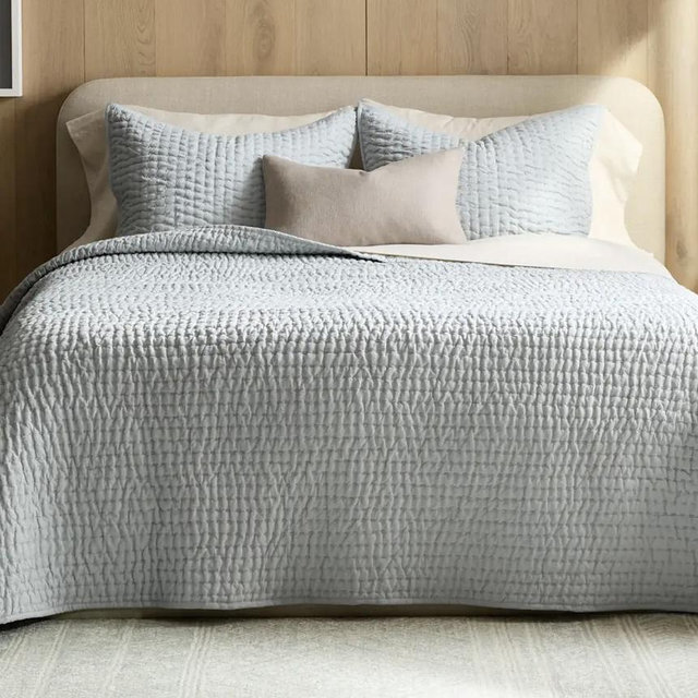 European Linen Cotton Stitch Quilt Set - Mist, Full/Queen