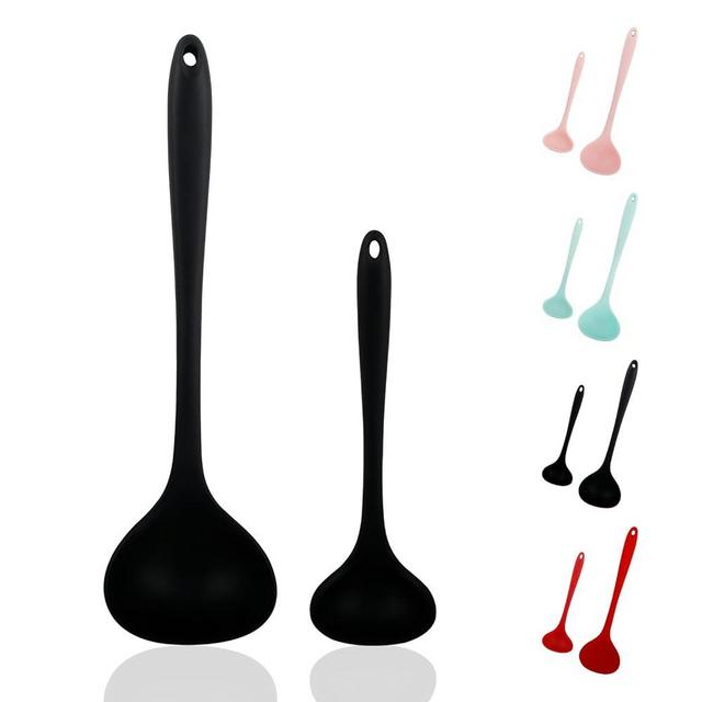 2 Pcs Silicone Soup Spoon 8.3 inch and 11.8 inch Different Sizes Ladle Spoon Nonstick Heat Resistant BPA Free Kitchen Tools for Cooking Stirring Serving Soup(Black)