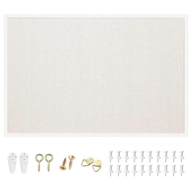 OWLKELA 24'' x 36'' Linen Bulletin Board, White Framed Corkboard, White Oak Frame Linen Cork Board, Vision Board and Decorative Hanging Pin Board