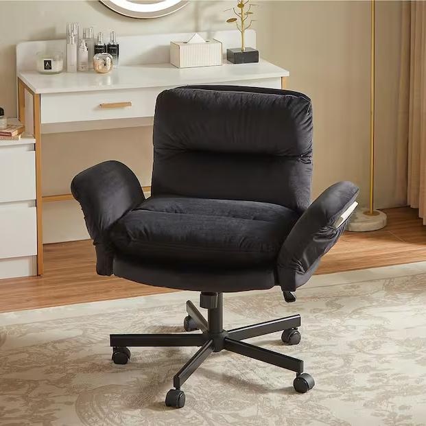 Velour Thick Cushioned Cross-Legged Office Chair in Black with Adjustable Padded Arms, Mid Back Vanity Chair for Bedroom