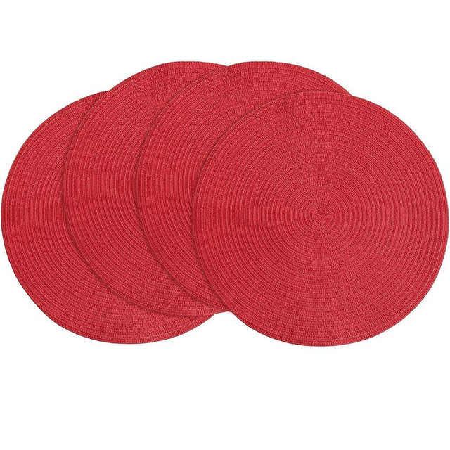 Floroom 15 Inch Round Braided Placemats Set of 4, Washable Heat Resistant Cotton Polyester Circle Place Mats for Kitchen Dining Table - Red
