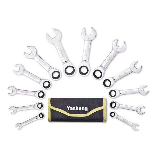 Yashong 12-Piece Stubby 8-19mm Metric Ratcheting Wrench Set, Professional Chrome Vanadium Steel Ratchet Wrenches, Combination Ended Standard Kit with Portable Bag