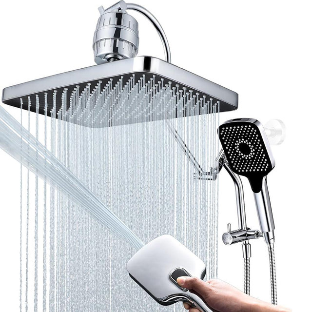 13 Inch Filtered Rainfall Shower Head with Multi-Function Handheld Sprayer Combo, 3-Way Metal Extended Diverter with Holder and Metal Adjustable Curved Shower Extension Arm, Extra Long Hose Chrome
