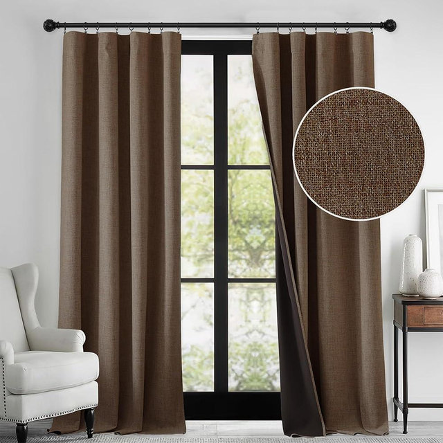 RYB HOME 100% Blackout Linen Textured Curtains 108 inches Long, Thermal Insulating Privacy Energy Saving for Bedroom Living Room Window Office Theater Patio Door, W 52 x L 108 in, Coffee, 2 Panels