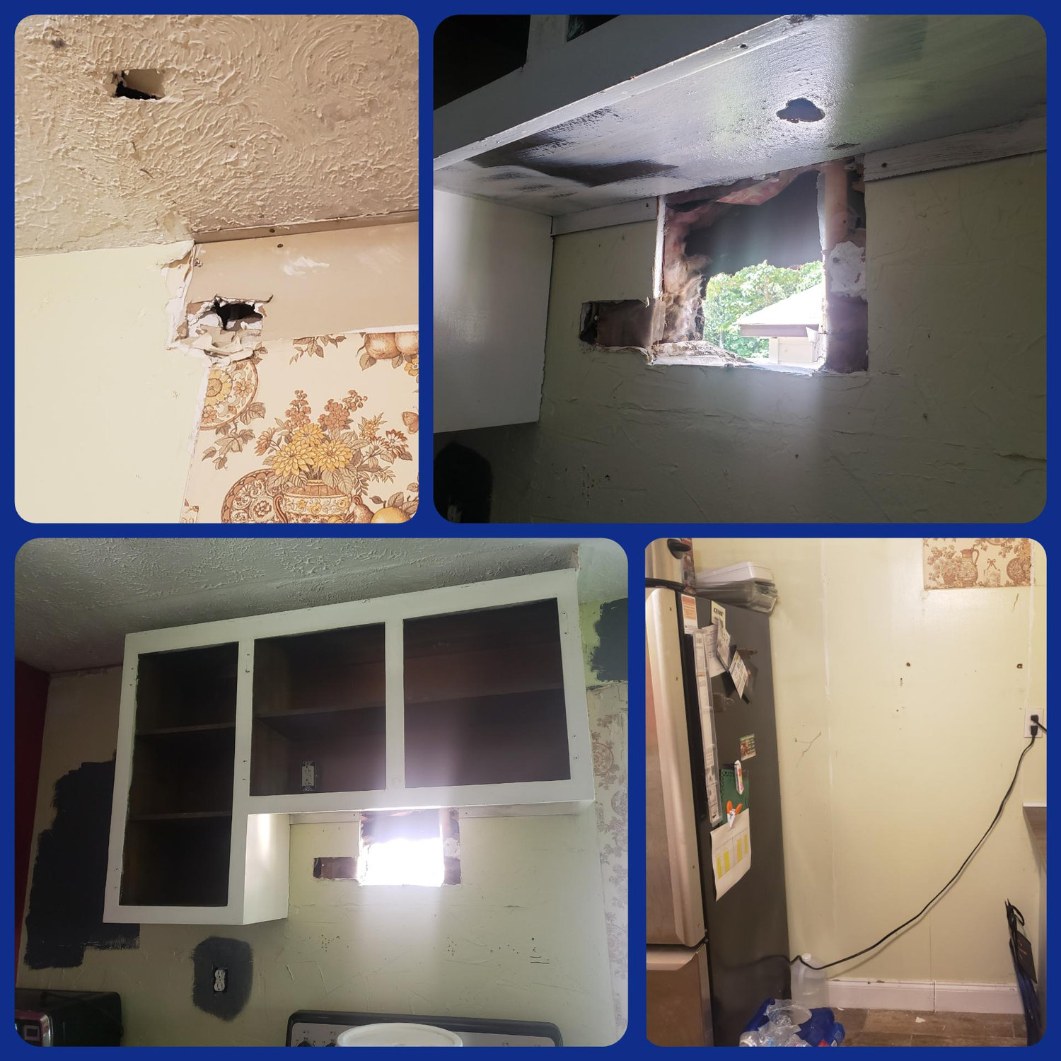 The hole is where the last homeowners had the microwave installed. The holes on the ceiling and wallpaper were discovered after removing the wall cupboard. A nightmare.
