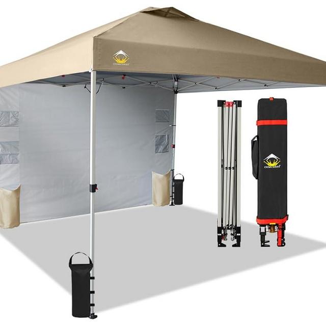 CROWN SHADES 10x10 Pop up Canopy Instant Canopy with 1 Removable Sidewall,4 Ropes & 8 Stakes & 4 Weight Bags, STO'N and Go Bag, Beige - with Organizer Pockets