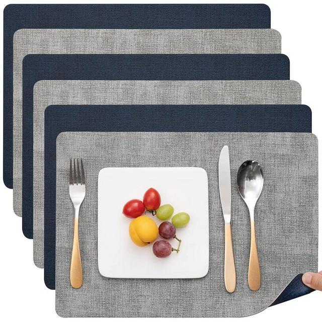 Myir JUN Placemats Dual Sided, Faux Leather Place Mats Set of 6 Indoor Placemats for Dining Table Outdoor Placemats Manteles Individuales Square Non-Slip Washable Table Mats (Gray Blue, Set of 6)