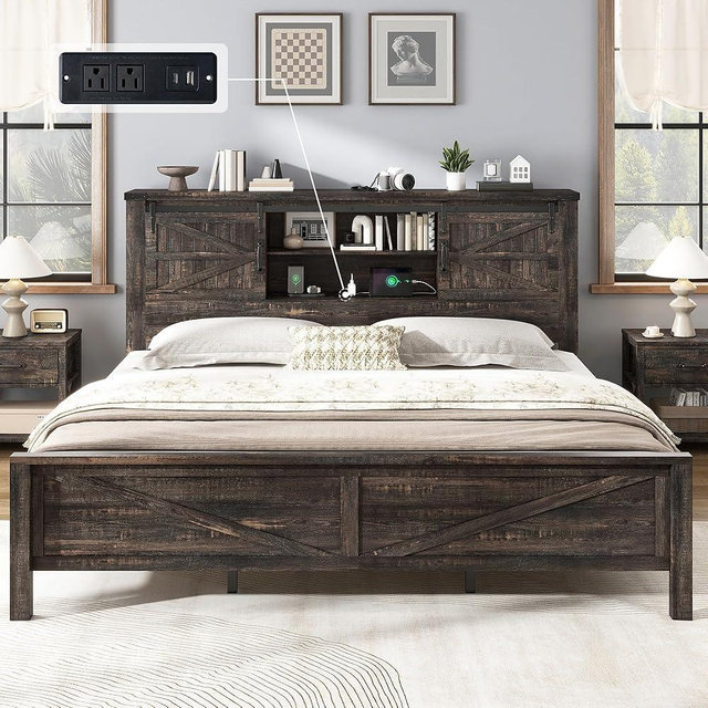 AMERLIFE Farmhouse King Bed Frame with Storage Headboard & Charging Station, Rustic Wood Platform Bed with Barn Door Bookcase, No Box Spring Needed, Dark Oak Bedroom Furniture