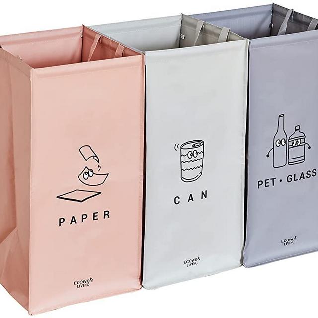 ECOWAN LIVING Recycling Waste Bin Bags and Laundry Baskets 2-Function, Durable Waterproof Detachable, Recycling Organizer Bags, Recycling Bins for Kitchen Home, 14 Gallons Set of 3 Piece