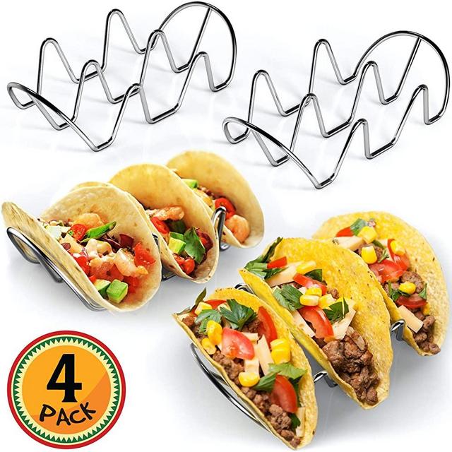 Premium Taco Holders - 4 Pack Stainless Steel Taco Stands - Holds 12 Tacos - Fits Most Plates - Dishwasher & Oven Safe - Stackable Trays - Racks Hold Soft & Hard Shell Tacos
