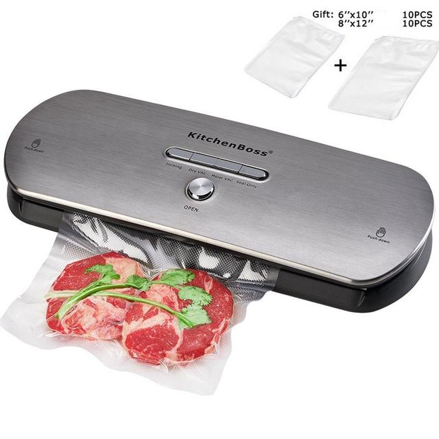 KitchenBoss Vacuum Sealer Machine for Dry & Moist Foods Preservation Automatic Vacuum Sealing System, Intelligent LED Indicator Lights,with Starter Kit Inclued 20 PCS Bags(Stainless steel)