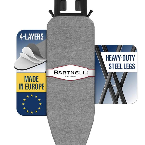 Bartnelli Ironing Board Made in Europe | Iron Board with 4 Layered Cover & Pad, Height Adjustable up to 36" Features A Safety Iron Rest, 4 Steel Legs, for Home Laundry Room or Dorm Use (43x14)