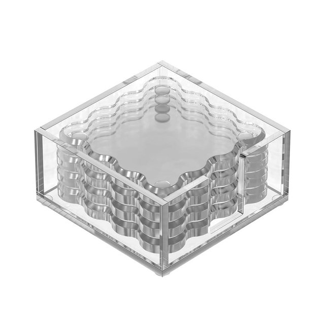 GRAHAM DESIGN Square Scalloped Acrylic Drink Coaster Set 4‑Pack with Square Holder (Clear)