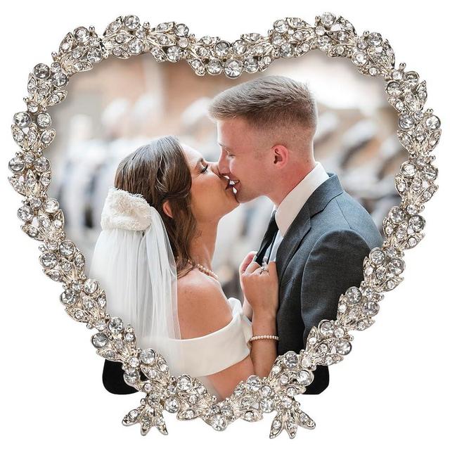 KENZY GIFTS Heart Shaped Wedding Picture Frames for Couple - Beaded Crystal Picture Frame – Engagement Gift, Wedding Gift for newlyweds - Fits 3.5x3.5 photo - 4x4 - Valentine Picture Frame, Silver
