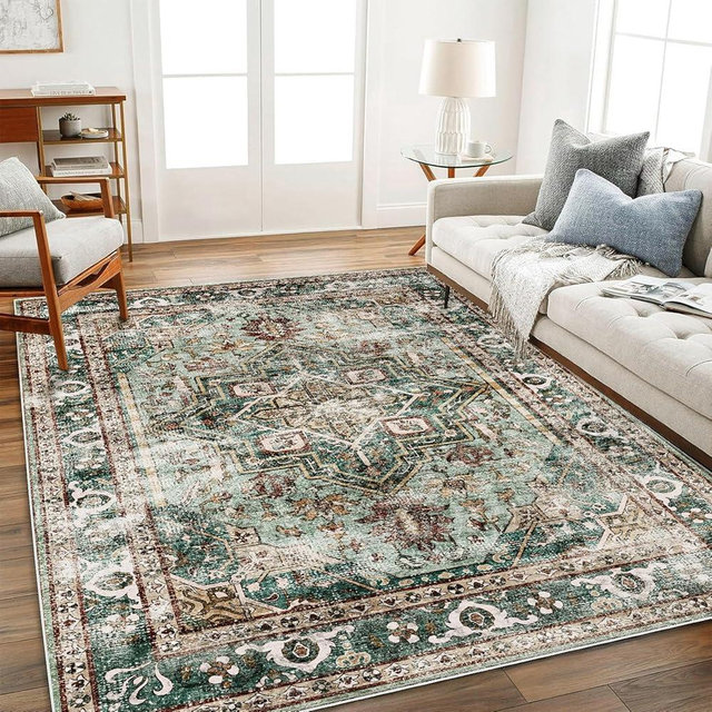 CHAMPLANT Green Area Rug 9'x12' Washable Vintage Traditional Mat Distressed Indoor Foldable Thin Retro Accent Floral Print Rug Non Slip Carpet for Living Room Dining Room Office