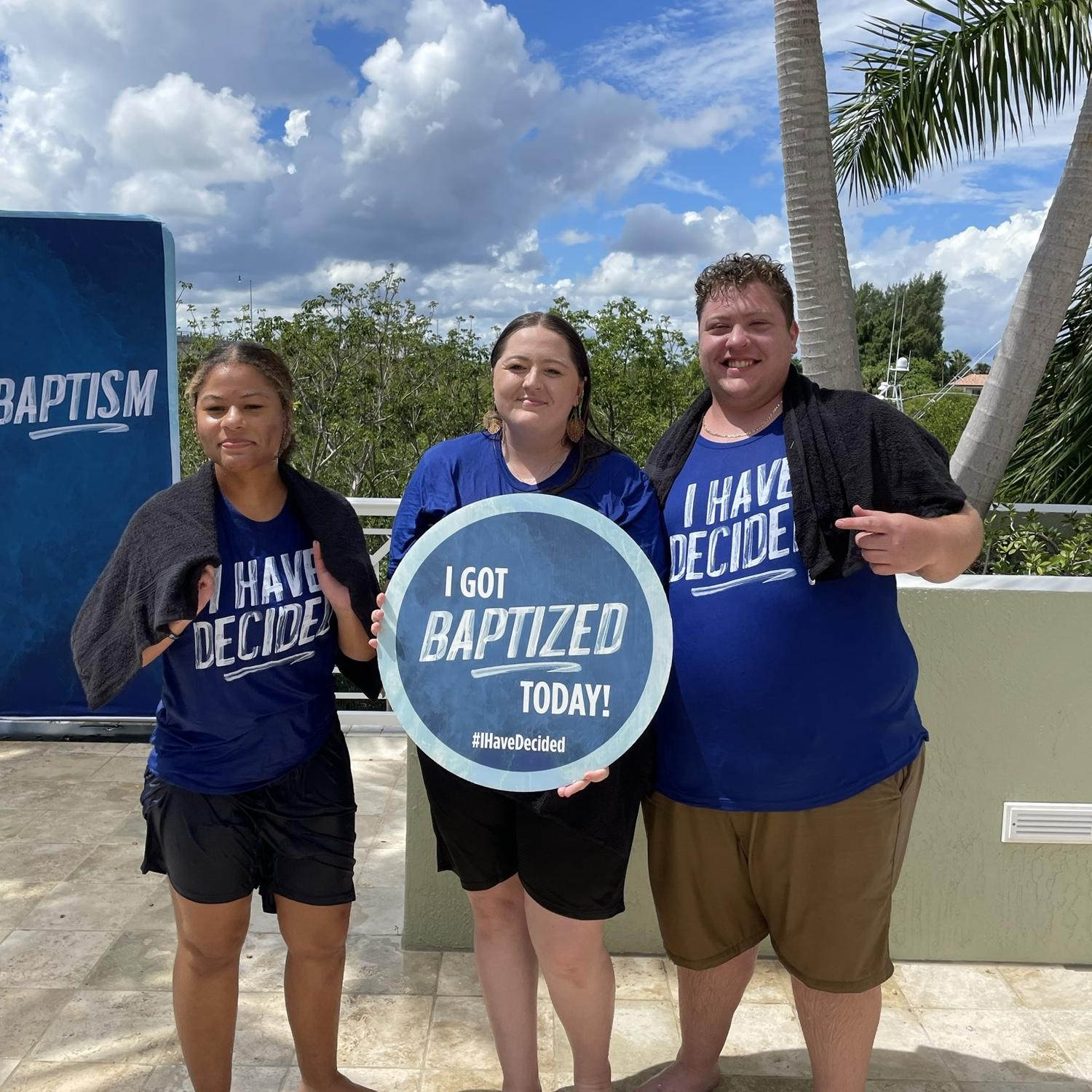 (Left to right)

Giana, Savannah, and Jason getting baptized at Christ Fellowship in Jupiter.