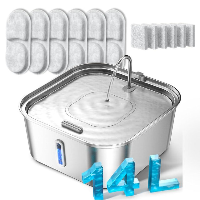 Large Dog Water Fountain 14L/3.7Gal, Stainless Steel Pet Fountain for Large Dogs and Multi-Pets Families, Visible Window & Extra Wide Drinking Area, Enlarges Capacity & Saves Space (with 7pcs Filters)
