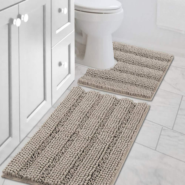 H.VERSAILTEX Bath Rug Set 2 Piece for Bathroom Non Slip Thick Chenille Bath Rugs Contour and Rectangle, Water Absorbent Fluffy Shag Mats Machine Washable (20" x 32" Plus 20" x 20" U, Taupe)
