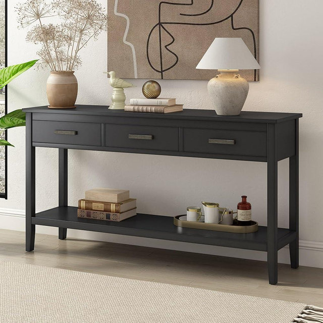 Merax Entryway Console Table with Storage, 3 Drawers Design/Wood Frame/Behind Couch & Sofa, Black