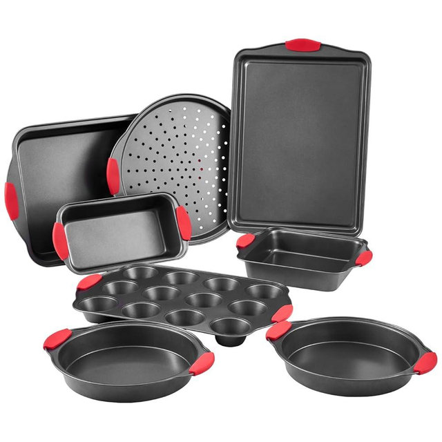 VEVOR Baking Pans Set, 8-Piece, Nonstick Carbon Steel Cookware Sheets & Trays, Stackable Kitchen Oven Bakeware Cooking Sets with Silicone Handles, Easy to Clean, for Baking Cookie Cake Muffin Bread