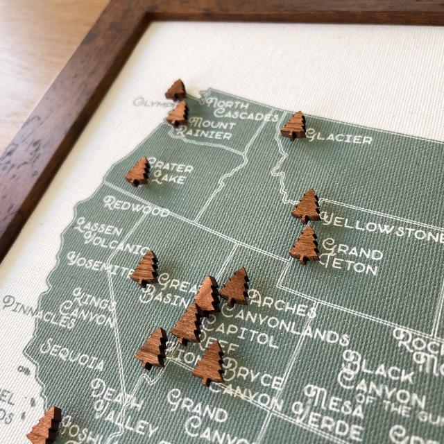 DIY National Park Push Pin Map with Tree Push Pins, Great Outdoors Travel USA United States 2nd Anniversary Cotton, Birthday Valentines Gift