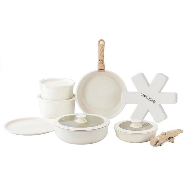 Country Kitchen 16 Piece Pots and Pans Set - Safe Nonstick Kitchen Cookware with Soft Touch Wooden Removable Handle, RV Cookware Set, Oven Safe (Cream)