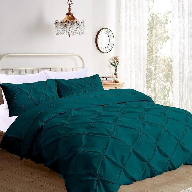 Pinch Pleated 3pc Duvet Cover Set 100% Egyptian Cotton 1000 Thread Count Zipper & Corner Ties Rectangle Pattern Decorative Pintuck Pillow Shams (120X98 Oversize King, Teal)