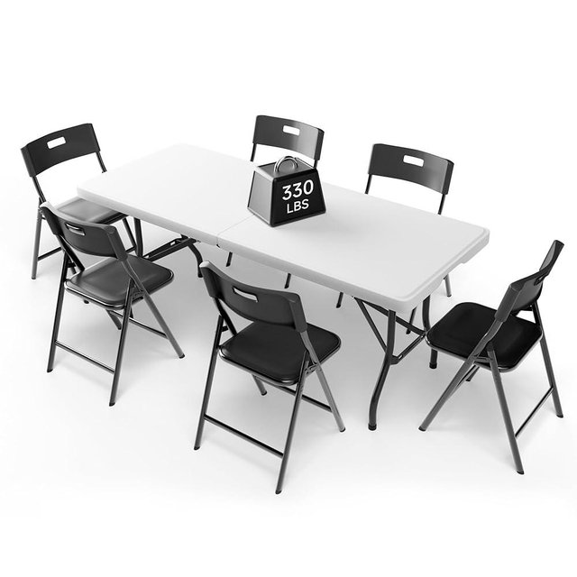 Ortus Collective Portable 6-Piece Folding Table and Chairs Set – Heavy-Duty 6ft Camping & Party Furniture for Indoor/Outdoor Events (All-Weather, Black)