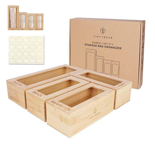 Set of 4 Bamboo Food Storage Bag Organizer with Non-Slip Pads for Gallon, Quart, Sandwich, Snack, Zipper and Slider Bags, Kitchen Drawer Organizer for Ziploc, Glad, Solimo, 365 by WFM, Hefty