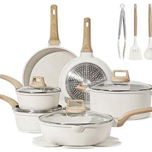 CAROTE 16 Piece Pots and Pans Set Nonstick, White Granite Cookware Sets Induction Cookware, Non Stick Cooking Set w/Frying Pans & Saucepans (PFOS, PFOA Free)