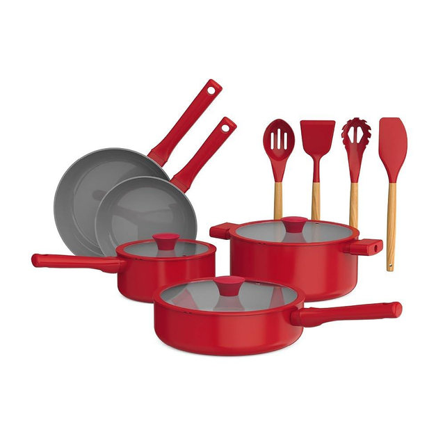 So Yummy by bella 12 Piece Cookware Set w EverGood™ Ceramic Nonstick Coating​ and Silicone & Wood Utensils, Dishwasher Safe Silicone & Glass Lids, Oven Safe & All Stovetop Compatible, Red