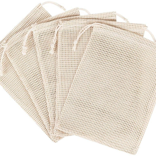PALTERWEAR 100 Percent Natural Cotton Double Drawstring Mesh Bag For Herbs, Nuts, Spices (6 x 8 Inch - Set of 5)