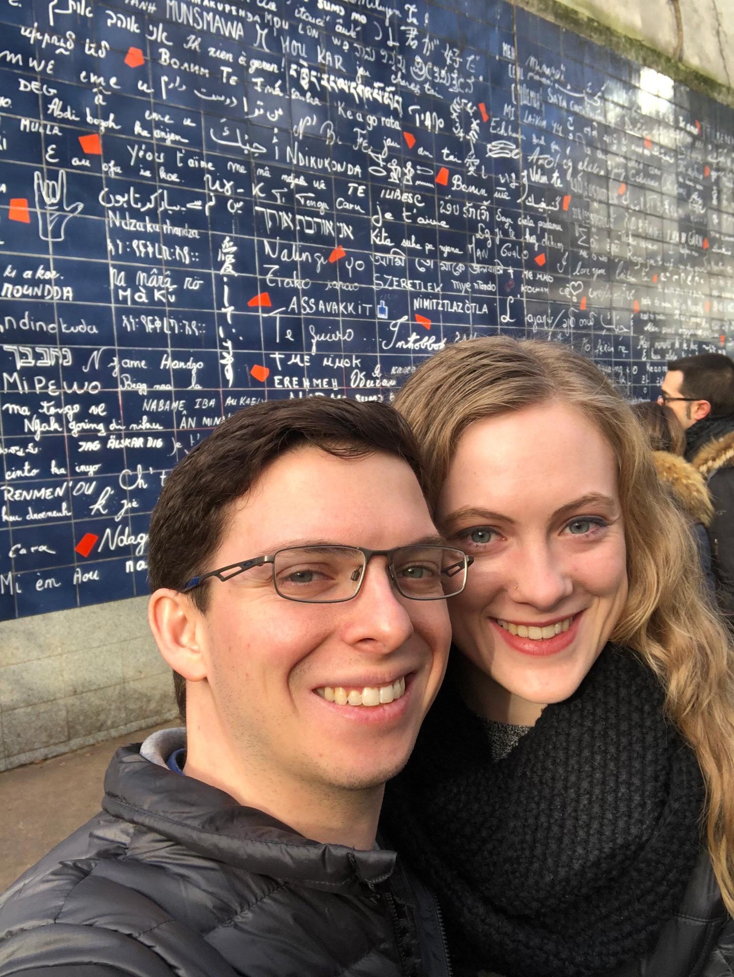 Le mur des je t'aime (The Wall of I Love You) in Paris, France. December 2019.
