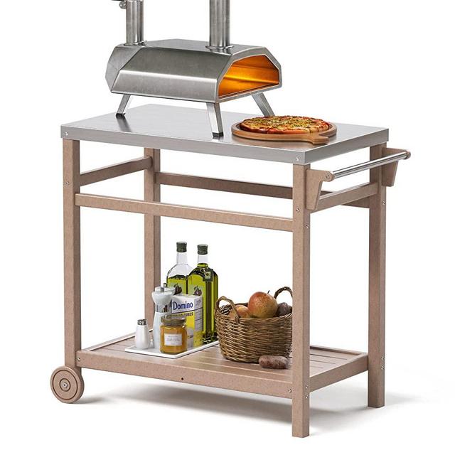 TORVA Outdoor Prep Cart Dining Table for Pizza Oven, Patio Grilling Backyard BBQ Grill Cart(Wood Color)