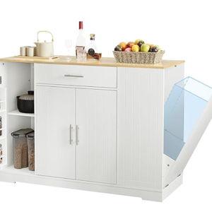 Lyromix 53" Long Kitchen Island with Trash Can Storage, White Kitchen Cart with Garbage Bin 10 Gallon, Portable Island with Trash Can, Wood Top, Spice Rack and Drawers