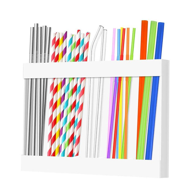 Straw Organizer Holder with Double Sided Adhesive Tape Reusable Storage Container for Standard Size Drinking & Tumbler Straws, Ideal for Kitchen Counter, Cabinet, Cupboard (White)