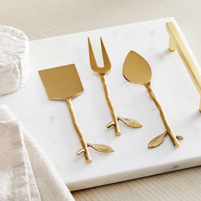 Botanical Serve Utensils, Cheese Knives, Set of 3, Brass