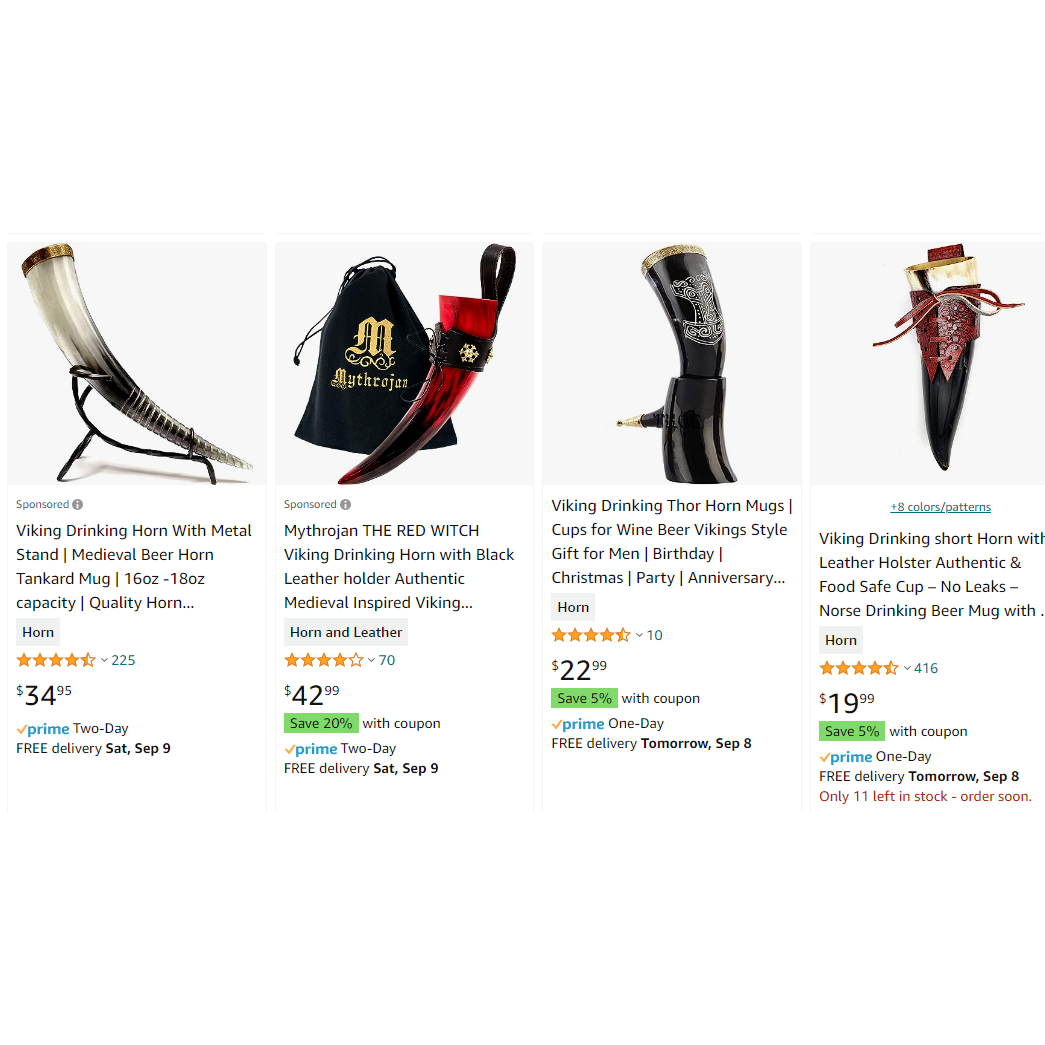 Examples of drinking horns found on amazon