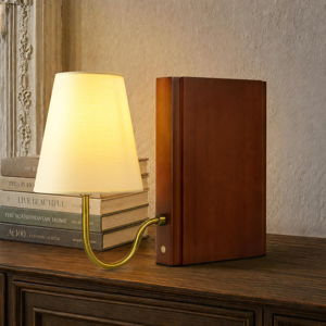 Wooden Bookshelf Lamp with Bulb, Cordless Rechargeable Touch Dimmable Table Lamp with Linen Fabric Shade, Modern Decorative Bookend Lamp for Bedroom, Office & Bookshelf Decor, Dark Brown