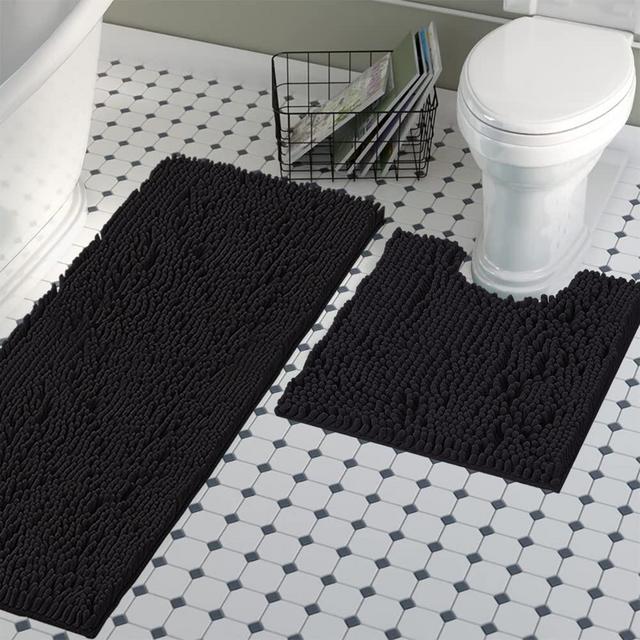 H.VERSAILTEX Rectangle Bathroom Rug Mat 47 X 17 Bundle Toilet Mat U Shaped 20 X 24 - Black