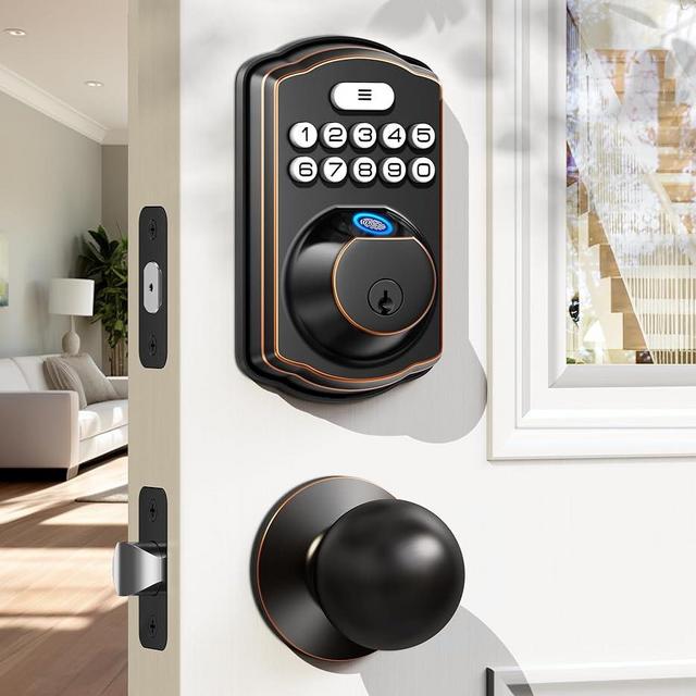 Veise Fingerprint Door Lock with 2 Door Knobs - Keyless Entry Door Lock with Handle, Electronic Keypad Deadbolt Smart Front Door Lock Set, Auto Lock, Waterproof, Easy Installation, Oil Rubbed Bronze