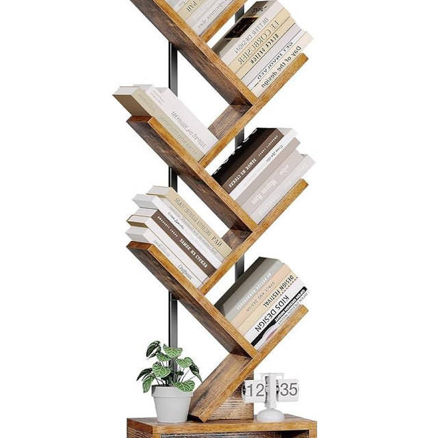 Casaottima 6-Tier Tree Bookshelf for Corner & Small Space — Narrow Steel & Wood Bookcase, Tall Floor Standing Book Organizer Shelf with Storage Cabinet, Home Decor for Living Room, Bedroom, Vintage