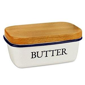 SveBake Butter Dish - Enamel Butter Boat with Beechwood Lid, White