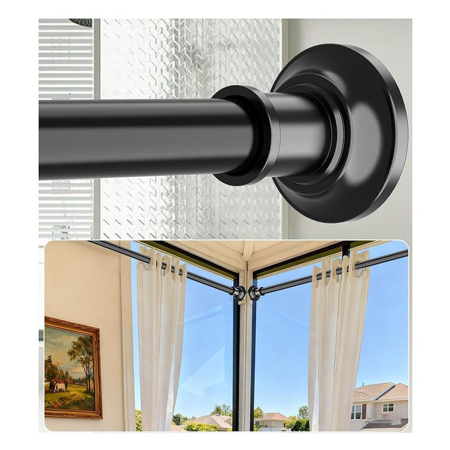 Tension Curtain Rod Extra Long Curtain Rod 43-131 Inch Adjustable 1.1 Inch Diameter Thick Heavy Duty Black Spring Curtain Rod for Windows Bathroom Outdoor No Drilling No Rust
