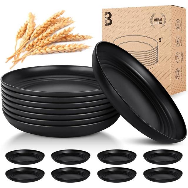 Badiano Unbreakable 9-Inch Deep Dinner Plates Set of 8, Wheat Straw Plastic Dinnerware, Dishwasher Safe Kitchen Plates for Daily Use (BLACK)