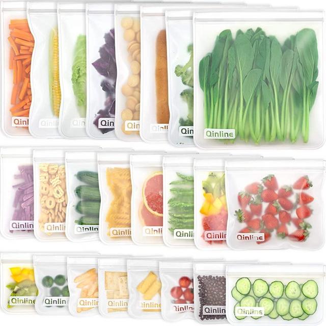 Reusable Food Storage Bags - 24 Pack BPA FREE Flat Freezer Bags(8 Reusable Gallon Bags + 8 Leakproof Reusable Sandwich Bags + 8 Food Grade Kids Snack Bags) Resealable Lunch Bag for Meat Fruit Veggies