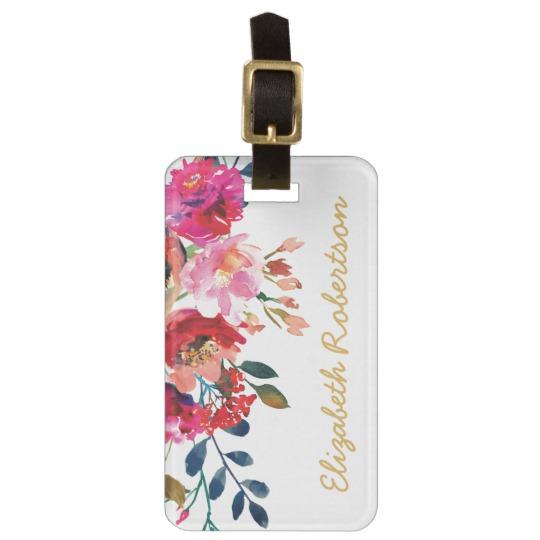 Personalized Elegant Floral Watercolor Girly Pink Bag Tag