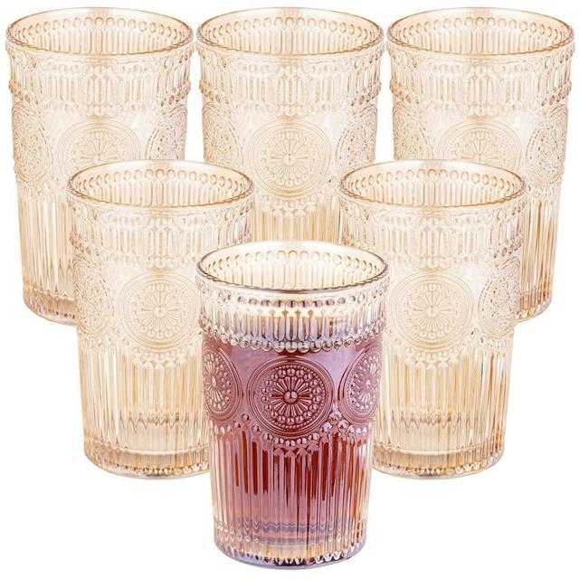 Vintage Textured Amber Striped Drinking Glasses Set of 6, 13 oz Ribbed Glassware with Flower Embossed Design, Romantic Cocktail Set, Juice Glass, Iced Coffee Cup, Colored Water Glasses Tumblers